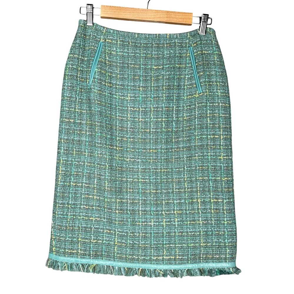 Lafayette 148 Womens Leather Trim Tweed Skirt 6 Professional Green Wool Blend - Picture 2 of 12